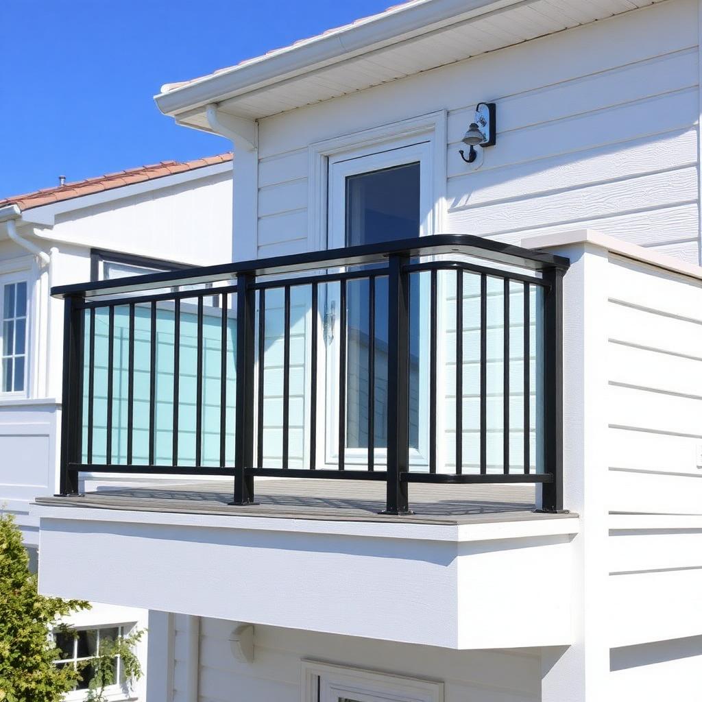 Rampe d'aluminium noir avec panneaux de verre sur balcon de duplex