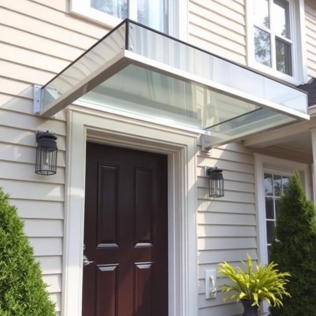 Auvent de porte en polycarbonate transparent sur entrée résidentielle