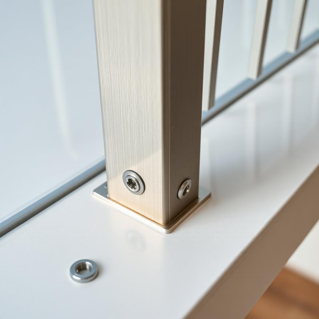 Détail d'un poteau de rampe ancré sur un plancher de fibre de verre